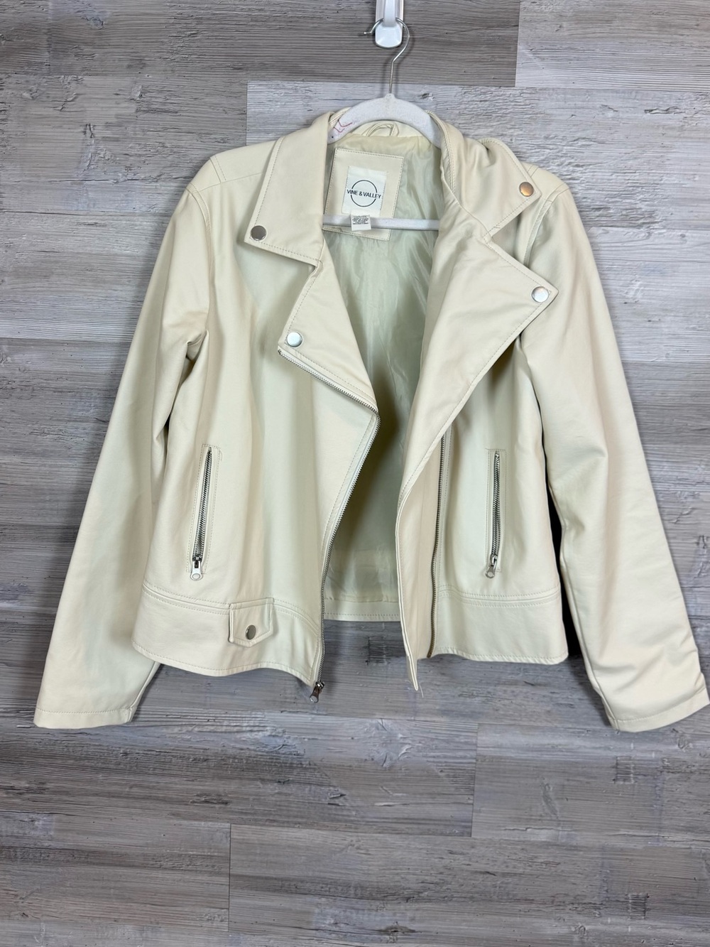 Vine & Valley Faux Leather Moto Jacket Cream Off-White Size Large L Moto Biker - Picture 5 of 6